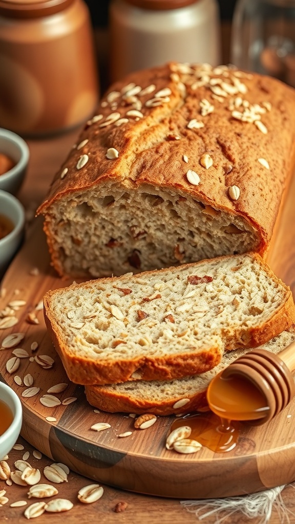 Hearty Oat Nut Bread Recipe A loaf of oat nut bread with a slice cut, showcasing oats and nuts, on a wooden board with honey.